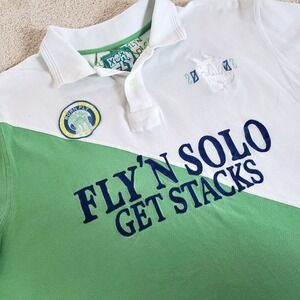Born Fly Fly'n Solo Get Stacks Polo Shirt XL Green White Graphics CK MEASUREMENT